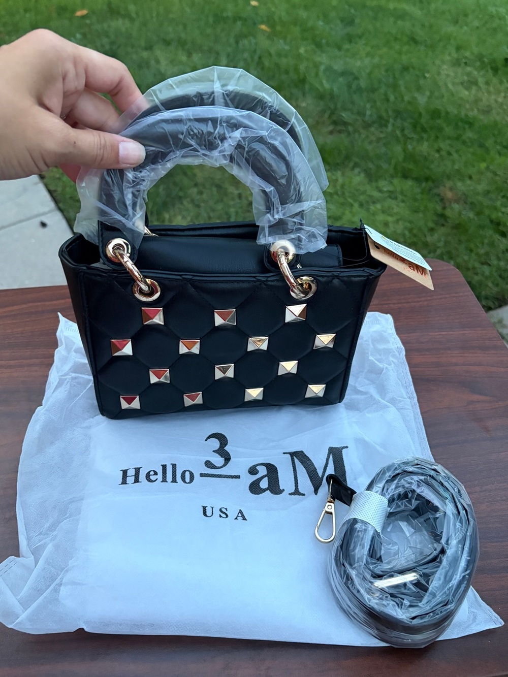 Hello 3 AM Black Quilted Studded Mini Satchel Crossbody Bag NWT